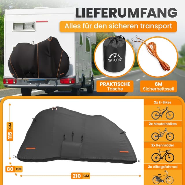 Detalle 2 de NATURIZ® Fahrradabdeckung Heckträger wasser- und reißfest für 2 Fahrräder (mit 6 m Spannseil)