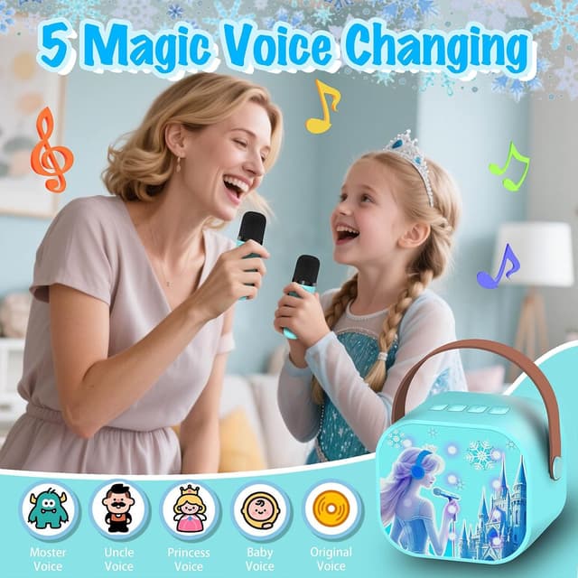 Detalle de CINKOLA Kids Frozen karaoke machine with 2 wireless microphones (Bluetooth, LED lights, voice effects)