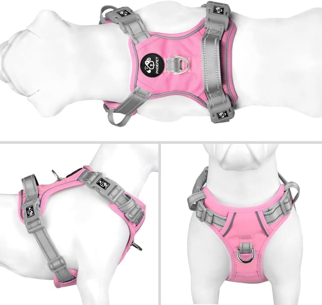 Detalle de PHOEPET No Pull Escape Proof Adjustable Dog Harness with Reflective Straps and Easy Control Handle (Baby Pink/Grey, M)