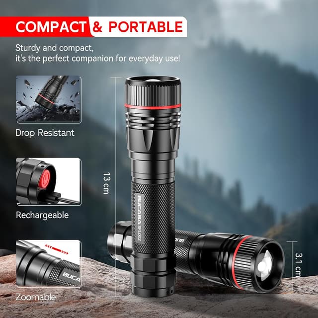 Detalle 2 de BUCASA LED-Taschenlampe, aufladbar (bis zu 2000 Lumen), 3 Modi & Zoombar – 2er-Set für Kinder und Outdoor
