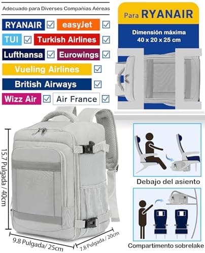 Detalle 2 de KLOSTAIN Mochila de cabina para avión 40x20x25 cm y 20L (gris claro) para portátil