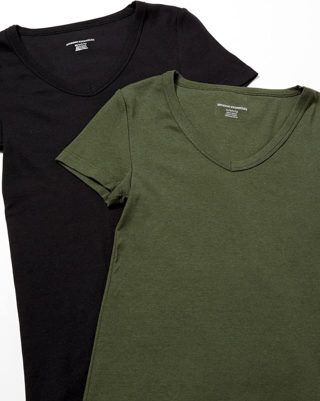 Detalle de Amazon Essentials T-shirt col en V manches courtes coupe ajustée femme, lot de 2