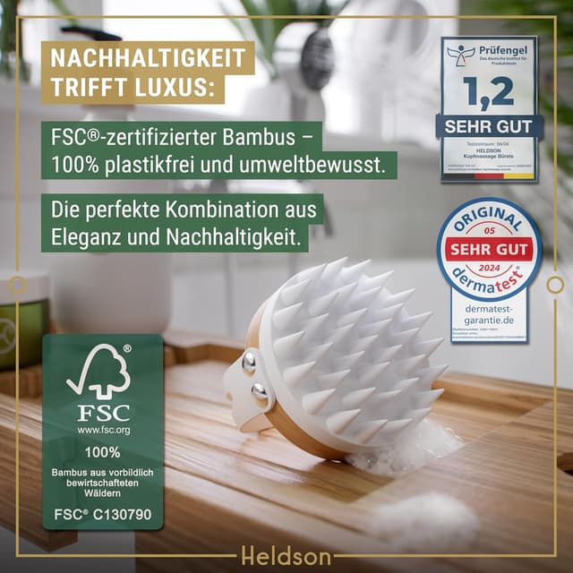 Detalle de HELDSON Premium Kopfhaut-Massagebürste (FSC® 100%) – Kopfmassage und Scalp Scrub für die Haarpflege, Opalweiß