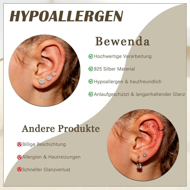 Detalle de Bewenda Ohrringe Silber 925 Stecker mit Zirkonia (4/5/6 mm) – Hypoallergen, Schlafen-geeignet in Geschenkbox