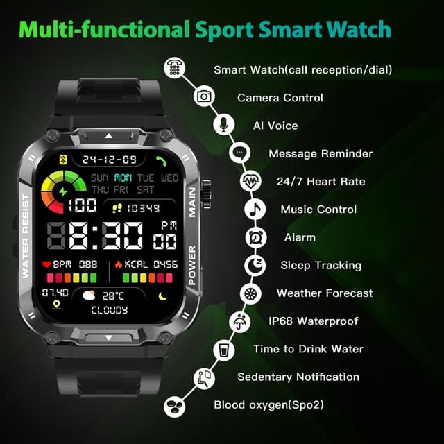 Detalle de Military Smart Watch for Men 1.96" Outdoor Sports Smartwatch (Black) with Call Answer, SpO2, Heart Rate & Sleep