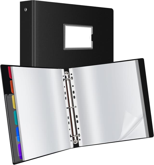 Detalle de Uquelic A4 presentation ring binder with 50 punched pockets and 6 PP divider pages (black)