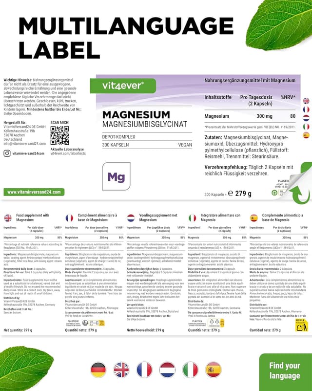 Thumbnail 6 de vit4ever Magnesium Bisglycinat Depot Komplex mit 300 mg pro Tagesdosis – 300 Kapseln (Magnesiumglycinat als organisches Aminosäurechelat)