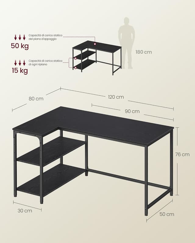 Detalle de VASAGLE LWD136BE01 scrivania angolare gaming 120x80