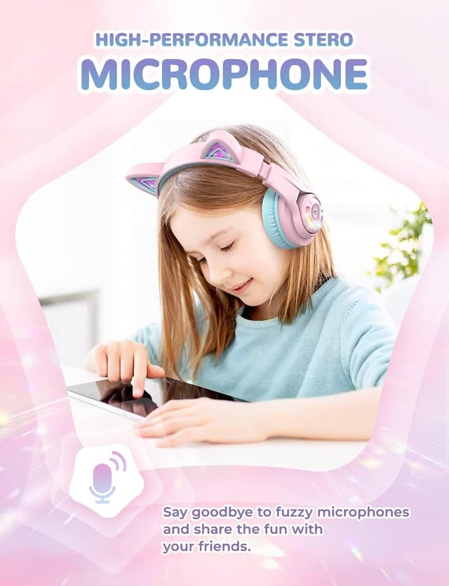 Thumbnail 6 de iClever Kids BTH13 Bluetooth Cat Ear Headphones with LED Lights and Volume Limiting (Wireless + 3.5mm)