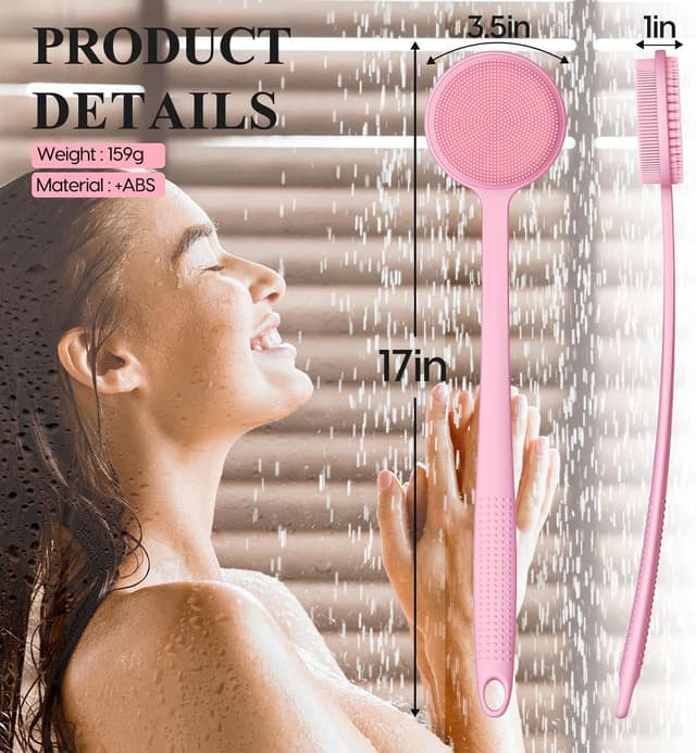 Detalle de Silicone Body Scrubber – Exfoliating Back Scrubber with Long Handle, Double Sided (Pink)