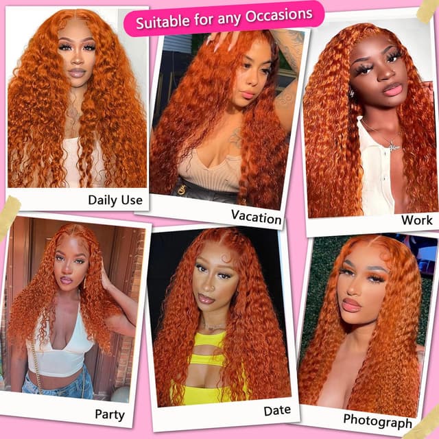 Detalle 2 de SOEZ 26 Inch Ginger Orange Lace Front Deep Wave Human Hair Wig (13x4 HD Transparent Lace, 180% Density)