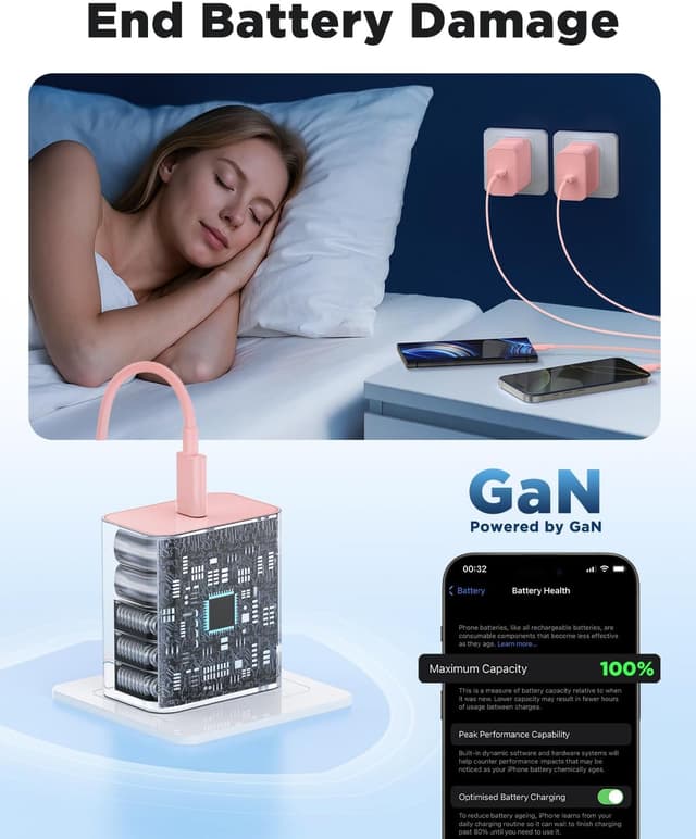 Detalle de 45W PD 3.0 iPhone Fast Charger with Super Long USB‑C Cable (6FT/10FT/10FT) — Pink