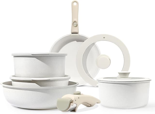 Detalle de GiPP 11-piece Non Stick Pots and Pans Set with Detachable Handle (White Granite, PFOA-free)