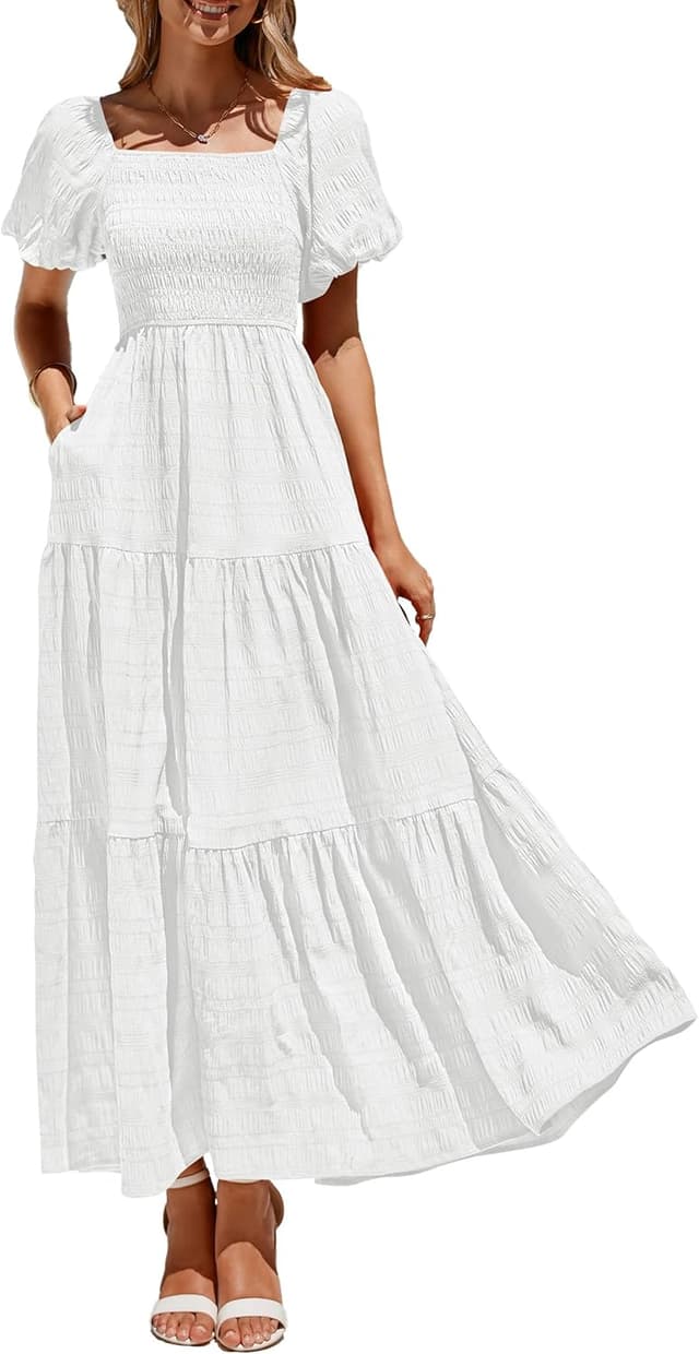 Detalle de PRETTYGARDEN Women’s Summer Puff Short Sleeve Maxi Dress (Square Neck, Smocked Tiered Ruffle)