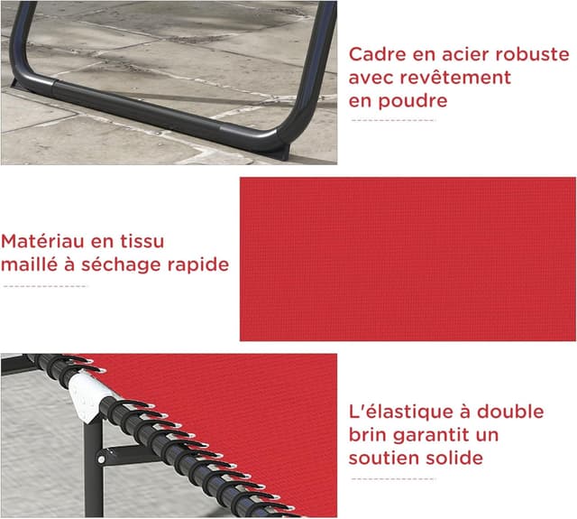 Detalle de Outsunny Bain de soleil transat pliable à dossier multi-positions (noir/textilène rouge)