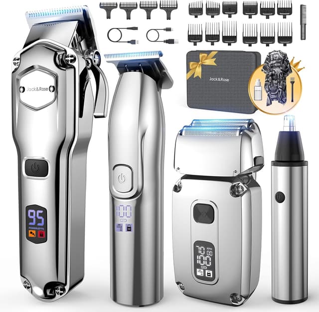 Detalle de Jack & Rose Haarschneidemaschine Set 4-in-1 kabellos (IPX7) mit Trimmer, Shaver & Nasenhaar-Trimmer