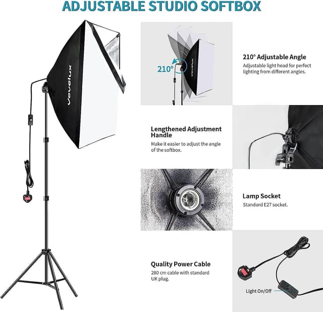 Detalle de Vevelux Photo Studio Lighting Kit with 4 dimmable LED lights, adjustable backdrop stand and 2×3 m backdrop set