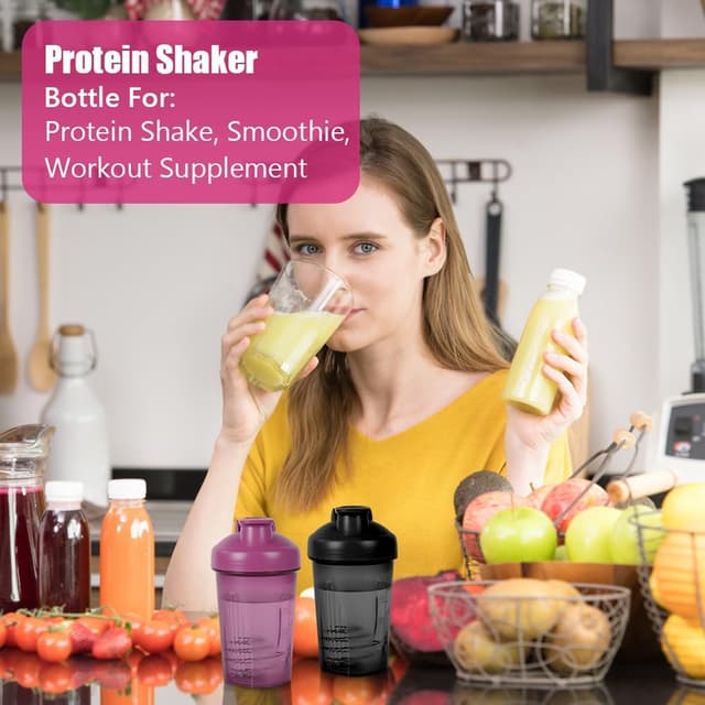 Thumbnail 4 de ACWOO 500ml Protein Shaker Bottle (2 pack) with Stainless Steel Mixing Ball – Leak Proof Flip Lid, BPA Free, Black + Purple