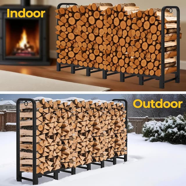 Detalle de Amagabeli 8ft outdoor firewood log rack (244cm x 36cm x 121cm) heavy-duty metal log holder