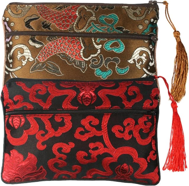 Detalle de kilofly Chinese Silk Brocade jewellery pouch bag set of 2 with two zip compartments