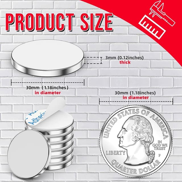 Thumbnail 6 de 12 x 30 x 3 mm Neodym-Scheibenmagnete (8 kg Zugkraft) mit doppelseitigem Klebstoff – Extra starke Kühlschrankmagnete