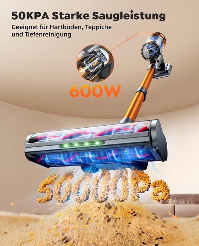 Detalle 2 de SMOTURE Akku-Staubsauger 50.000 Pa mit bis zu 65 Minuten Laufzeit und Anti-Tangle-Bürste