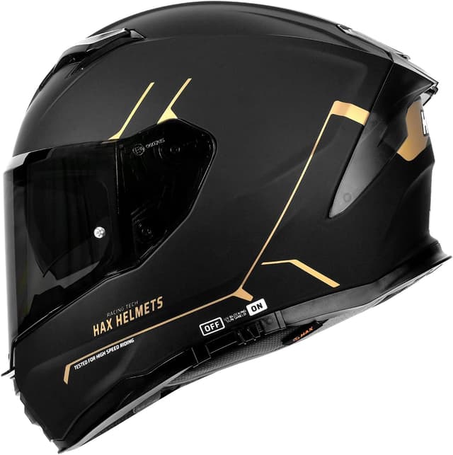 Detalle de HAX Force Aerodynamic Full Face Helmet (DOT & ECE 22.06) with Enhanced Dual Visor — Matte Black Gold — Adult Size M