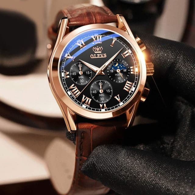 Detalle de OLEVS Men Moon Phase Leather Strap Analog Quartz Watch (3ATM) with Calendar, Luminous Hands