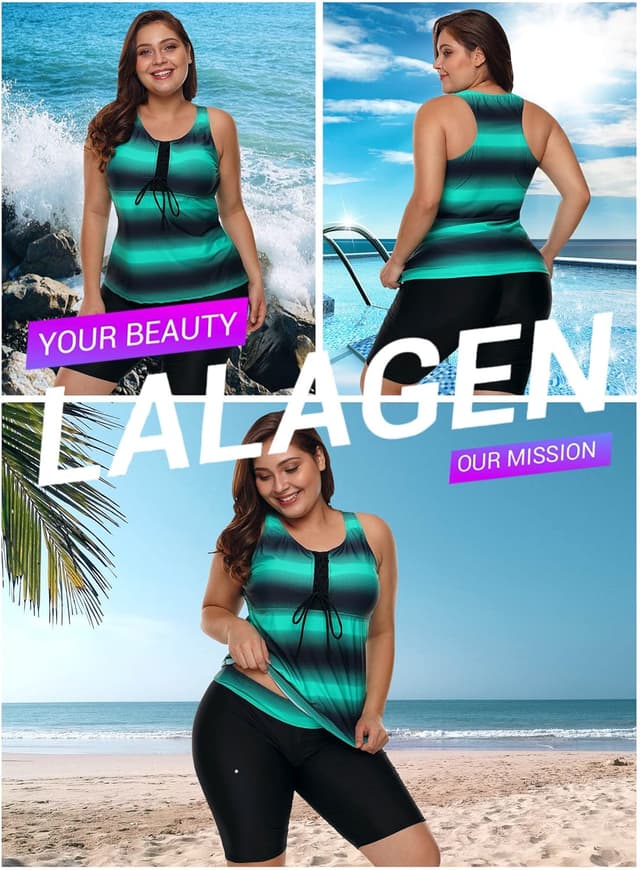 Detalle 2 de LALAGEN Women’s 2026 Plus Size Tankini Swimsuit Rash Guard Capris (Two-Piece S–5X)