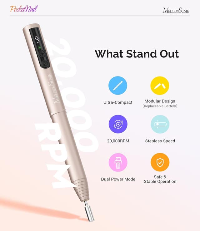 Detalle de MelodySusie kabelloser Nagelfräser PC100GR – elektrische Nagelfeile für Gel- und Acrylnägel, 20.000 U/min, variierbare Geschwindigkeit (Gold)