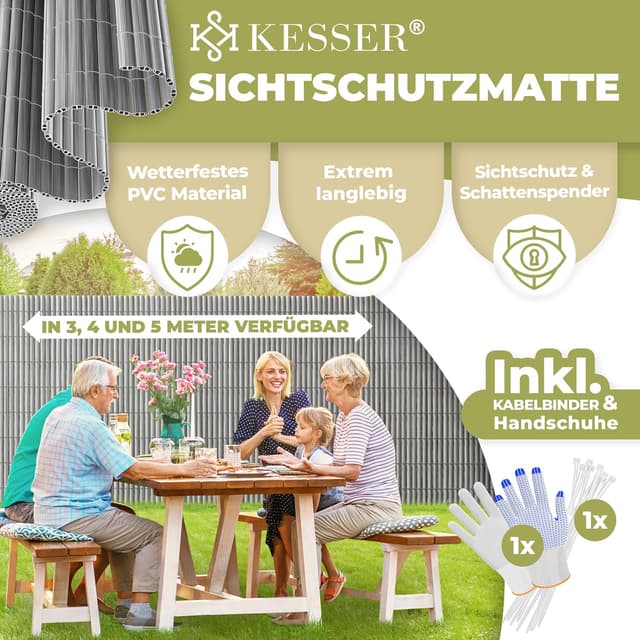 Detalle 2 de KESSER PVC Sichtschutzmatte für Balkon & Terrasse, Windschutz mit verstärkten Lamellen (100 x 400 cm) inkl. Kabelbindern und Handschuhen, hellgrau