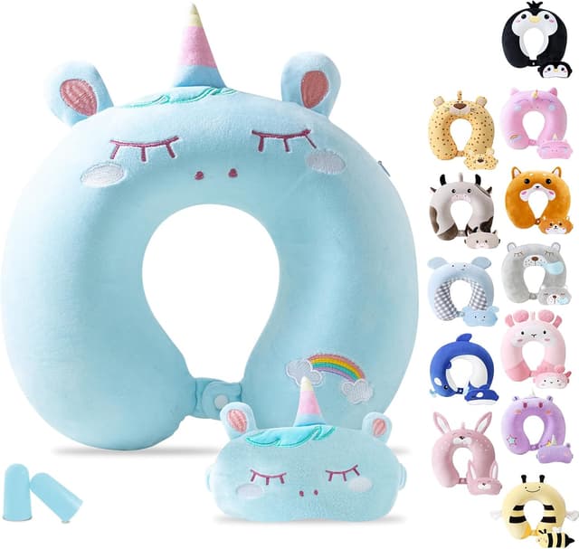 Detalle de Cirorld Kids Travel Pillow & Neck Support with Memory Foam and Sleep Mask (Blue Unicorn)