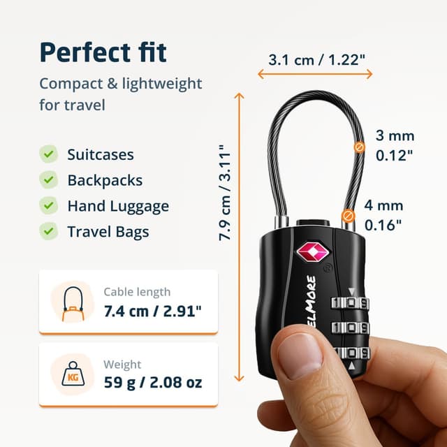 Detalle de Lot de 6 cadenas TSA à code 3 chiffres avec câble souple pour valises et sacs de voyage (noir)