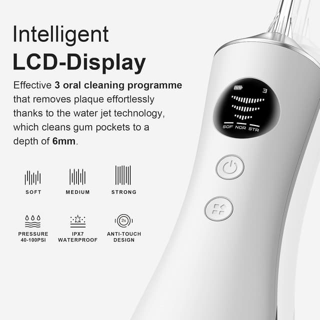 Detalle de BUZHIWU Water Flosser for Teeth Cordless (300ml) – Portable Oral Irrigator with Screen Display, 3 Intensity Modes & Tips