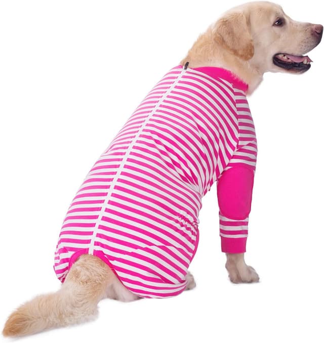 Detalle de BT Bear Large Dog Clothes Dog Pajamas Jumpsuit (Cotton Striped, Zip-up) – Hot Pink, Medium/Large Fit