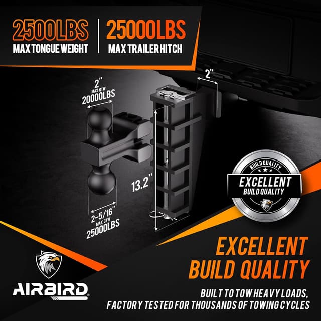 Detalle de Airbird Adjustable Trailer Hitch for 2-Inch Receivers (6-Inch Drop, 25,000 lbs GTW) with 2 and 2-5/16-Inch Balls, Black