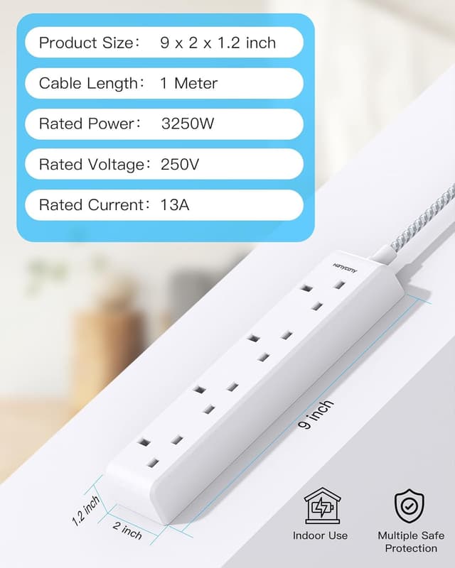 Detalle 2 de HANYCONY 4 Way Extension Lead 1M with Braided Cable