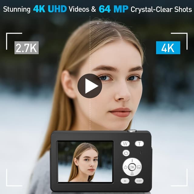 Detalle de Teoryieer Digital Camera (Black/Pink) – FHD 1080P compact point-and-shoot with dual cameras and 18X digital zoom