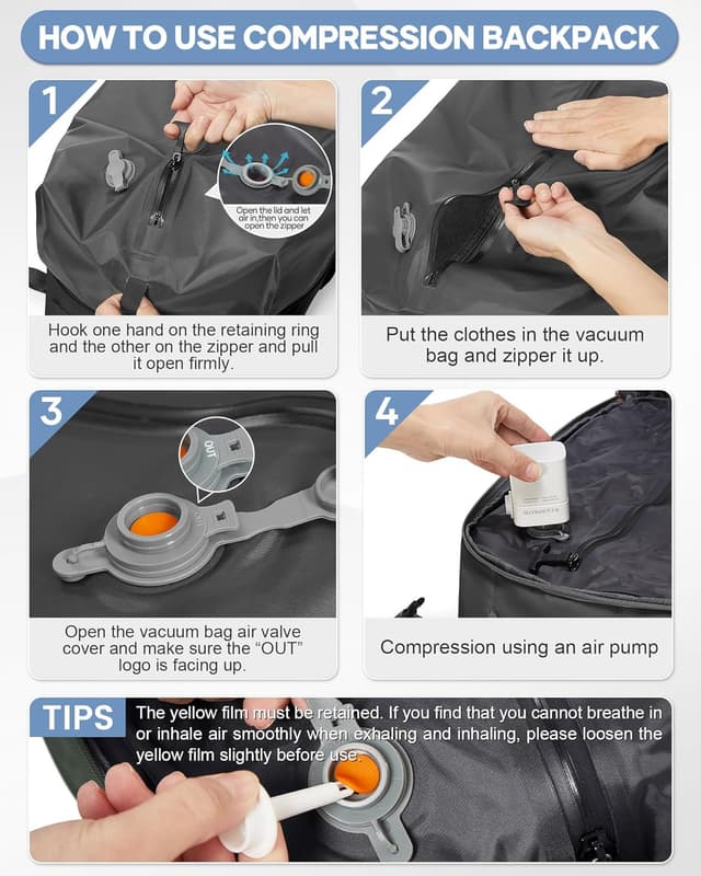 Detalle de SZLX Vakuum Rucksack Ryanair Handgepäck 40 x 30 x 20 cm mit Pumpe – 14-Zoll-Laptopfach und Schuhfach