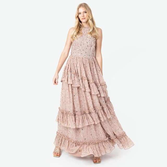 Detalle de Maya Deluxe embellished tie-back maxi dress for women in taupe blush (sleeveless ruffle evening occasion dress)