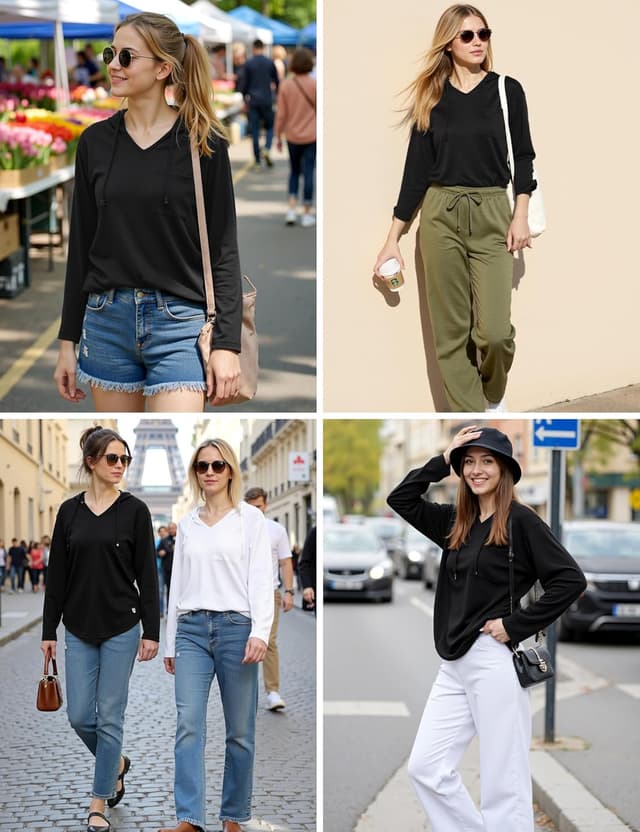 Detalle de Sweat à capuche femme Aottori col V ample, manches longues — mélange polyester/viscose/élasthanne