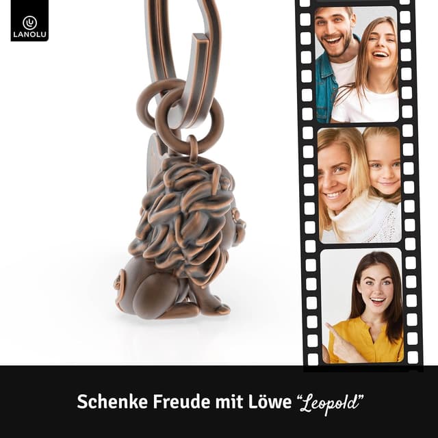 Detalle 2 de LANOLU Schlüsselanhänger „Löwe Leopold“ – 3D-Figur aus Metall als Glücksbringer für Partner, beste Freundin & Paare