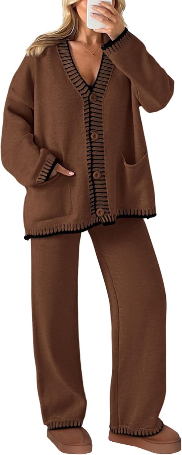 Detalle de PRETTYGARDEN Women’s Lounge Set (2-Piece) Cardigan & Wide-Leg Pants