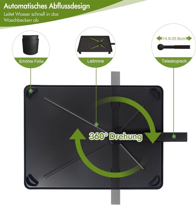 Detalle 2 de Theo & Cleo 2-stufiges Abtropfgestell für Geschirr mit 360° drehbarem Auslauf & Abtropfschale (schwarz)