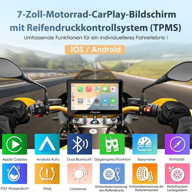 Detalle 2 de Carpuride W702T Pro Motorrad CarPlay/Android Auto Bildschirm mit TPMS