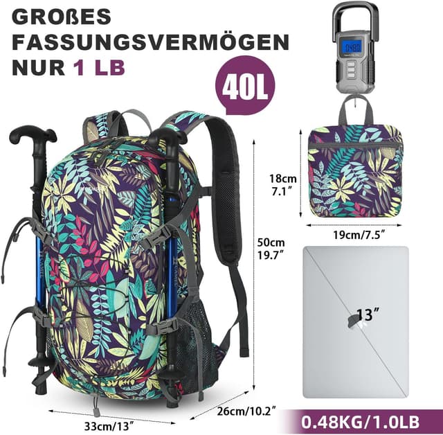 Detalle de BECOJADDE Wanderrucksack (faltbar) mit 40 l Nassfach – ultraleicht, wasserdicht, für Wandern & Reisen