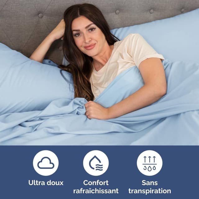 Detalle de Ensemble de draps 4 pièces bleu clair pour matelas jusqu’à 35 cm (drap plat, drap-housse 135x190 et 2 taies 50x80)