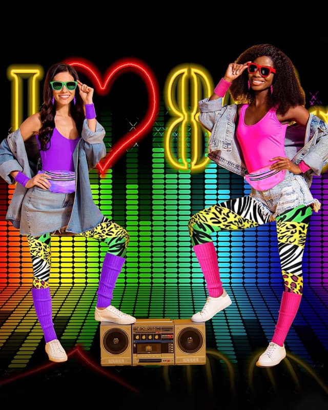 Detalle de BIQIQI 80er Jahre Damen-Set: Retro Trainingsanzug Kostüm mit Trikot, Leggings, Stirnband & mehr