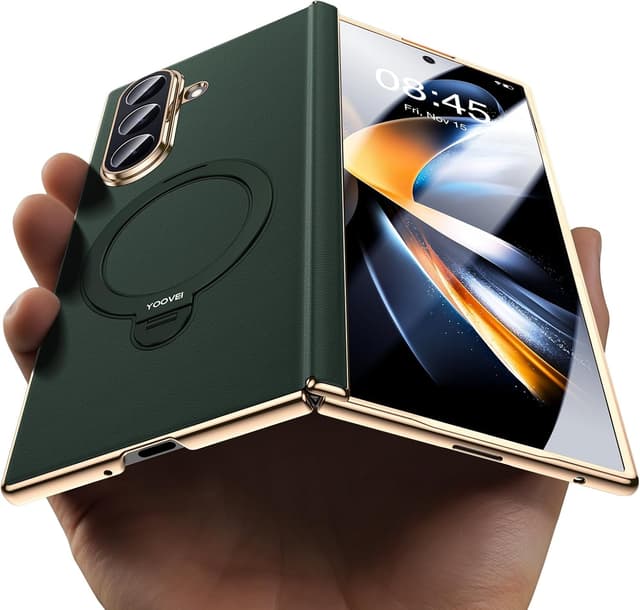 Detalle de YOOVEI Magnetic Leather Case for Samsung Galaxy Z Fold 7 with Hinge Protection, Kickstand & Screen Protector (Green)