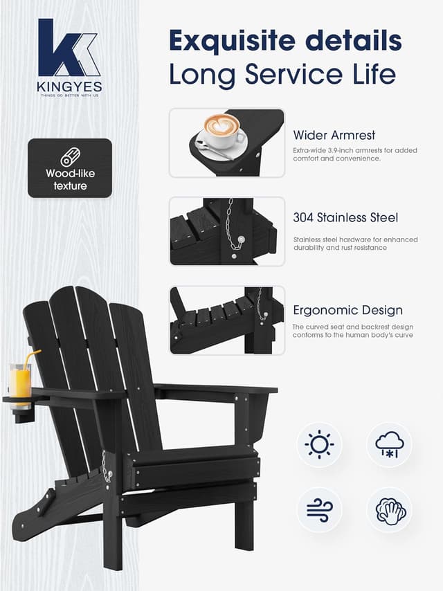 Thumbnail 6 de KINGYES Folding Adirondack Chair (HDPE) with Hidden Cup Holder, Black